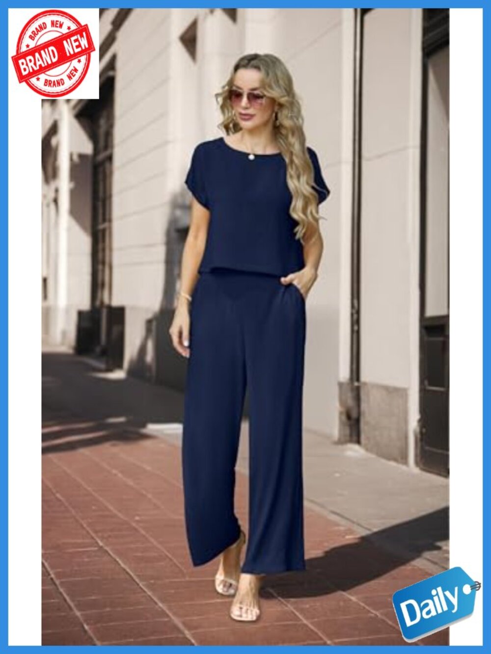 Women's 2 Piece Lounge Set Wide Leg Pants Crop Top with Pockets - Picture 2 of 6